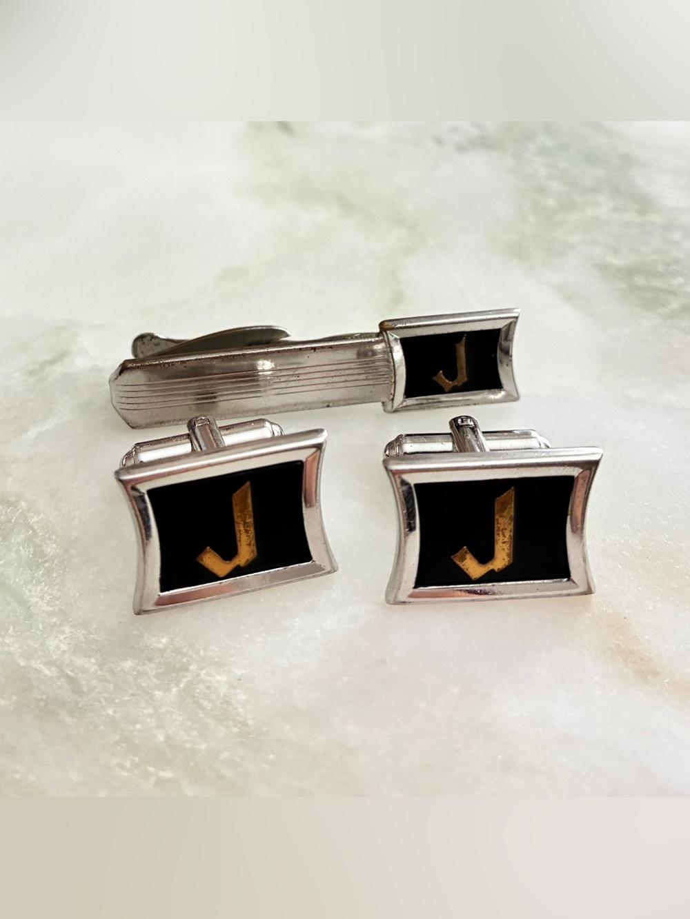 Vintage Monogrammed J Cuff Links + Tie Clip Set